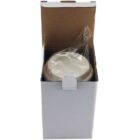 An open white box with a round, covered item inside wrapped in plastic.