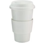 A plain white reusable coffee cup with a lid and a grip sleeve.