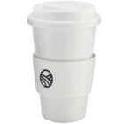 White reusable coffee cup with a lid and sleeve, featuring a small black circular logo.
