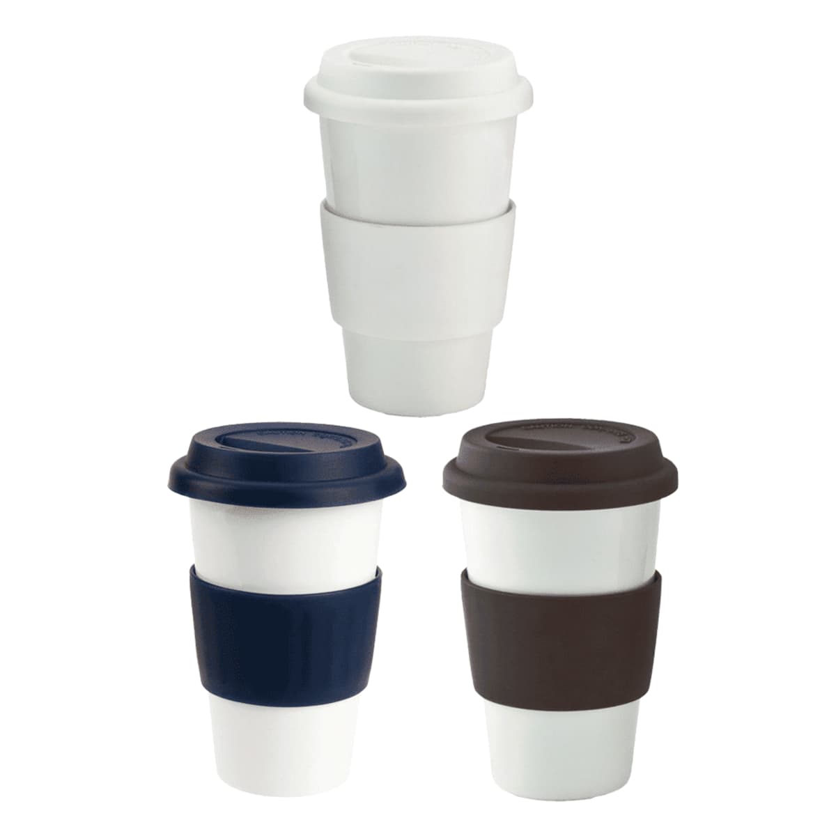 Three reusable coffee cups with lids and grip bands in white, navy blue, and brown colors.