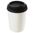 White reusable coffee cup with a black lid, shown on a plain white background.