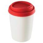 White reusable cup with a red silicone lid, shown on a plain white background.