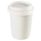 White disposable coffee cup with a white lid, isolated on a white background.