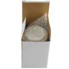 White cardboard box with its top open, containing a wrapped item in bubble wrap inside.