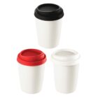 Three white travel cups with black, red, and white lids on a white background.