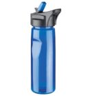 A blue plastic water bottle with a black screw-on lid and a flip-up spout. The bottle is transparent, allowing the inside to be visible. The design is sleek and functional, suitable for easy drinking on the go.