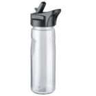 Clear plastic water bottle with a black screw-on lid and a built-in straw. The bottle is cylindrical with a slightly contoured body for easy grip. The straw extends from the top of the lid.