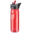 A red transparent water bottle with a black flip-top lid and built-in straw. The lid features an ergonomic handle for easy carrying. The bottles sleek and simple design is suitable for hydration on the go.