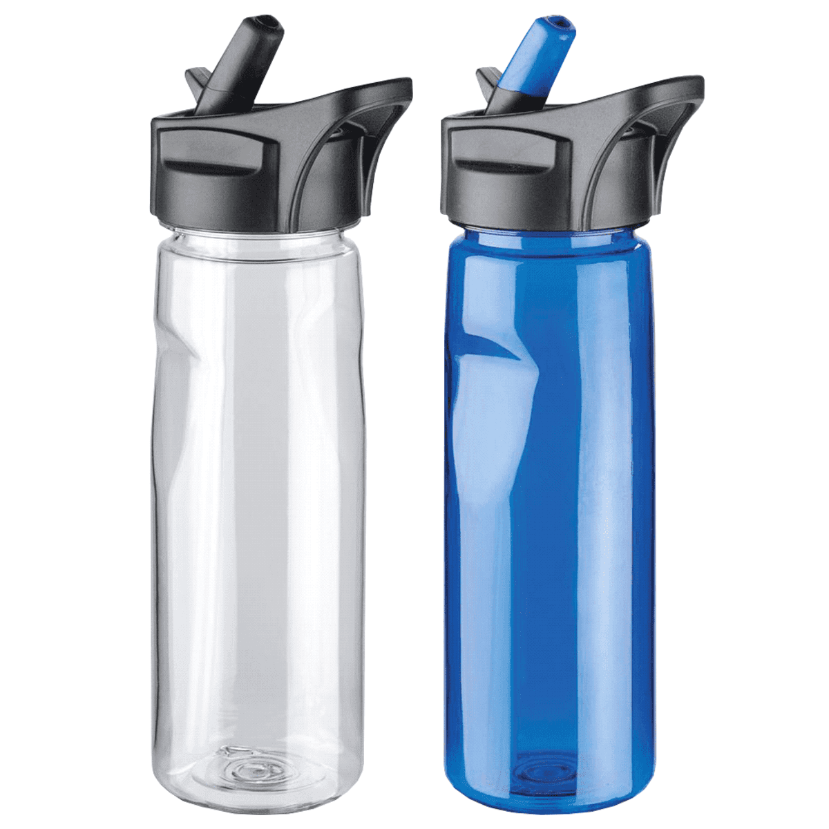 Two tall, translucent water bottles with black flip-top lids and straws. The left bottle is clear, and the right bottle is blue. Both feature ergonomic grips and a sleek design against a plain white background.