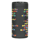 A black insulated travel mug with a flip-top lid, decorated with colorful, scattered dots in red, yellow, blue, green, and purple patterns across its surface.