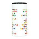 A white tumbler with a black lid, decorated with colorful polka dots in various sizes, arranged in vertical patterns. The dots are in red, blue, yellow, green, orange, and purple.