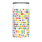 White tumbler decorated with colorful dots in various sizes, displaying the word PRIDE in rainbow letters. The tumbler has a black lid.