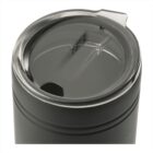 A stainless steel travel mug with a clear, spill-proof plastic lid. The lid has a small circular opening for drinking and a transparent flap that can slide to cover or uncover the opening. The mug has a smooth, matte finish.