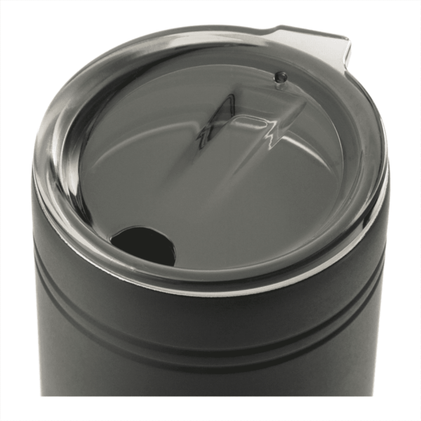 A close-up of a black travel mug lid with a transparent sliding cover. The lid features grooves for sealing and a small drinking hole, designed to prevent spills.