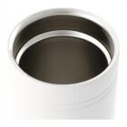 The image shows the top view of an open white thermos flask with a stainless steel interior. The lid is removed, revealing the shiny metallic lining.