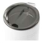A close-up view of the lid on a white insulated travel mug. The lid is black and features a sliding mechanism to open and close the drinking hole. The mugs stainless steel rim is visible, indicating its insulated design.