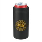 A black insulated can cooler with a yellow Chordata Nature Reservoir logo holds a red soda can. The cooler maintains a sleek and modern design against a plain white background.