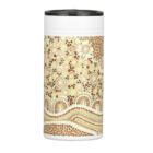 A white travel mug with a lid features an intricate dot painting pattern in earth tones, including browns, beiges, and blues, forming circular and wavy shapes.