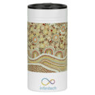 A reusable tumbler featuring an abstract dot pattern design in earth tones, including brown, yellow, and red. The bottom section is white with a colorful infinity symbol above the word infinitech. The lid is black.