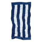 A beach towel with vertical stripes in alternating blue and white. The towel is slightly crumpled.