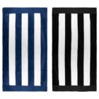 Two vertical striped towels side by side: the left towel features blue and white stripes, while the right towel features black and white stripes. Both towels have bold, alternating colors with a symmetrical design.