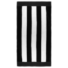 A rectangular black and white beach towel with vertical stripes. The stripes alternate between black and white, creating a bold, contrasting pattern.