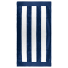 A towel with a vertical striped pattern featuring alternating navy blue and white stripes. The borders of the towel are solid navy blue.