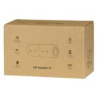 A brown cardboard box displaying a sketch of a cylindrical speaker on it. The box lists features: powerful dual sound, Bluetooth 5.3, IPX5 resistance, magnetic base, 6-7 hrs playtime, and Type-C power. Labeled 5W Speaker *2.