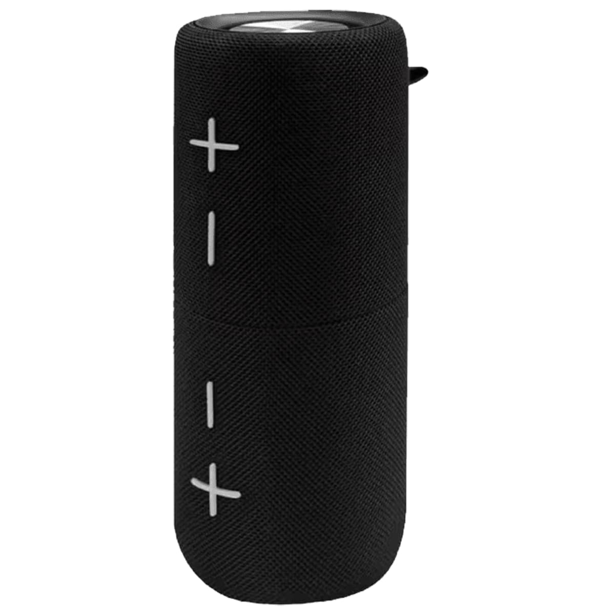A black cylindrical portable speaker with large white plus and minus buttons on its side. The speaker has a textured fabric covering and a loop at the top for carrying.