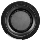 A close-up view of a round black portable speaker with a mesh outer layer and a central circular control panel. The speaker is positioned on a white background.