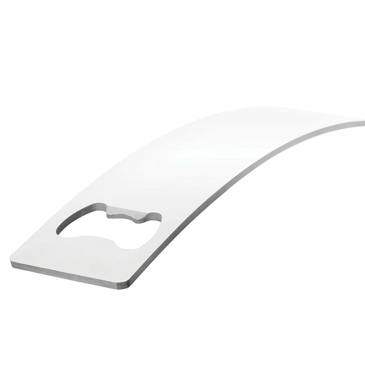 Curved metal bottle opener with a minimalist design on a white background.
