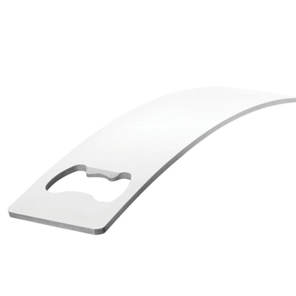 Curved, flat metal bottle opener with a cutout for opening bottles, on white background.