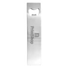 A metal bottle opener with PrintShop engraved vertically on its surface.