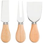 Three cheese knives with wooden handles, including a spreader, fork, and chisel.