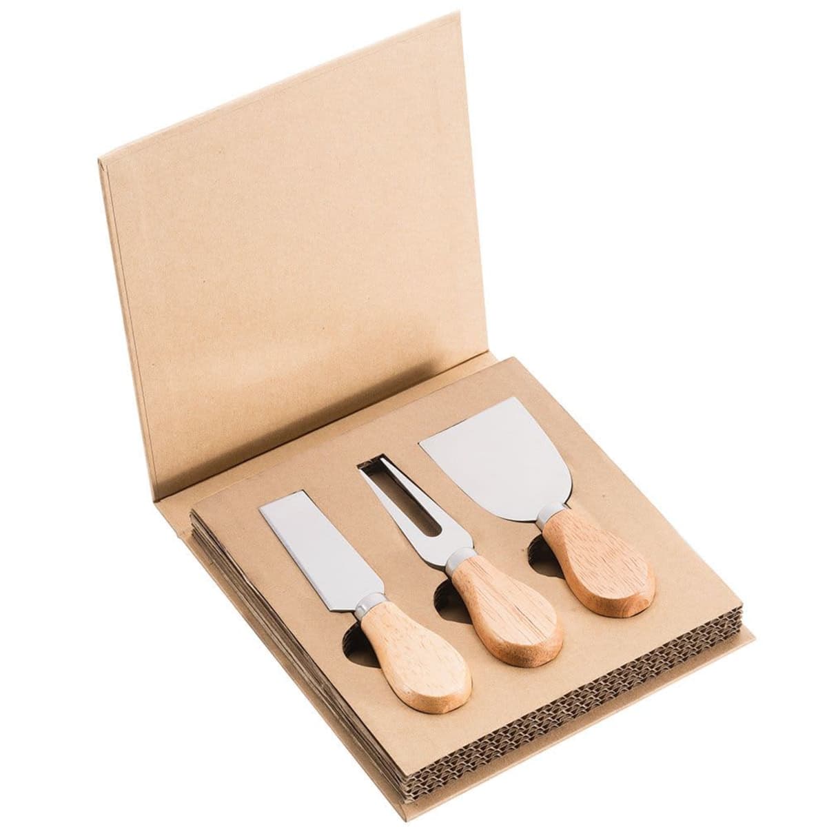 Set of three cheese knives with wooden handles in a cardboard box.