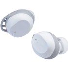Pair of white wireless earbuds with gray accents, shown on a transparent background.