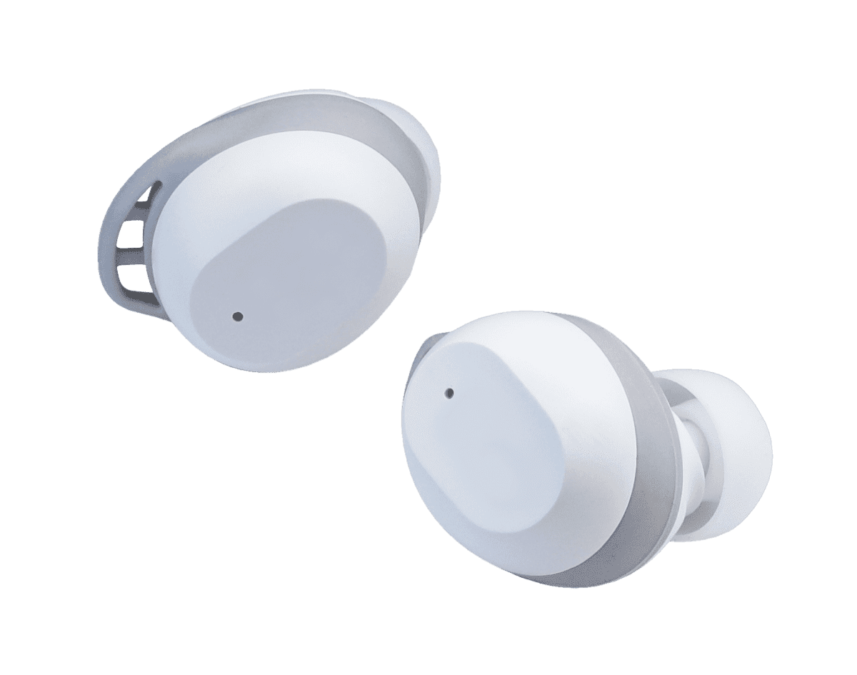 Pair of white wireless earbuds with gray accents, shown on a transparent background.