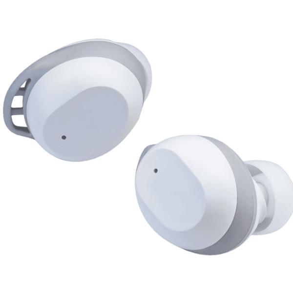 Two white wireless earbuds with gray accents on a transparent background.