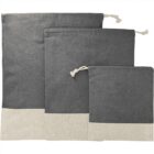 Three gray drawstring bags of different sizes with beige bottoms.