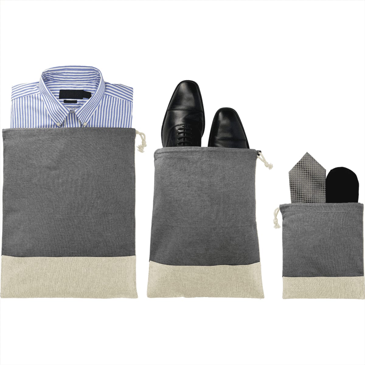 Three gray travel pouches holding a shirt, shoes, and a necktie with socks.