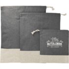 Three gray and beige drawstring bags, one with NUTOLOBAR 100% ORGANIC logo.