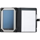 A black padfolio open to reveal a tablet on the left side and a lined notepad on the right. A silver pen is clipped to the edge of the notepad. The brand Leeds is embossed above the notepad.