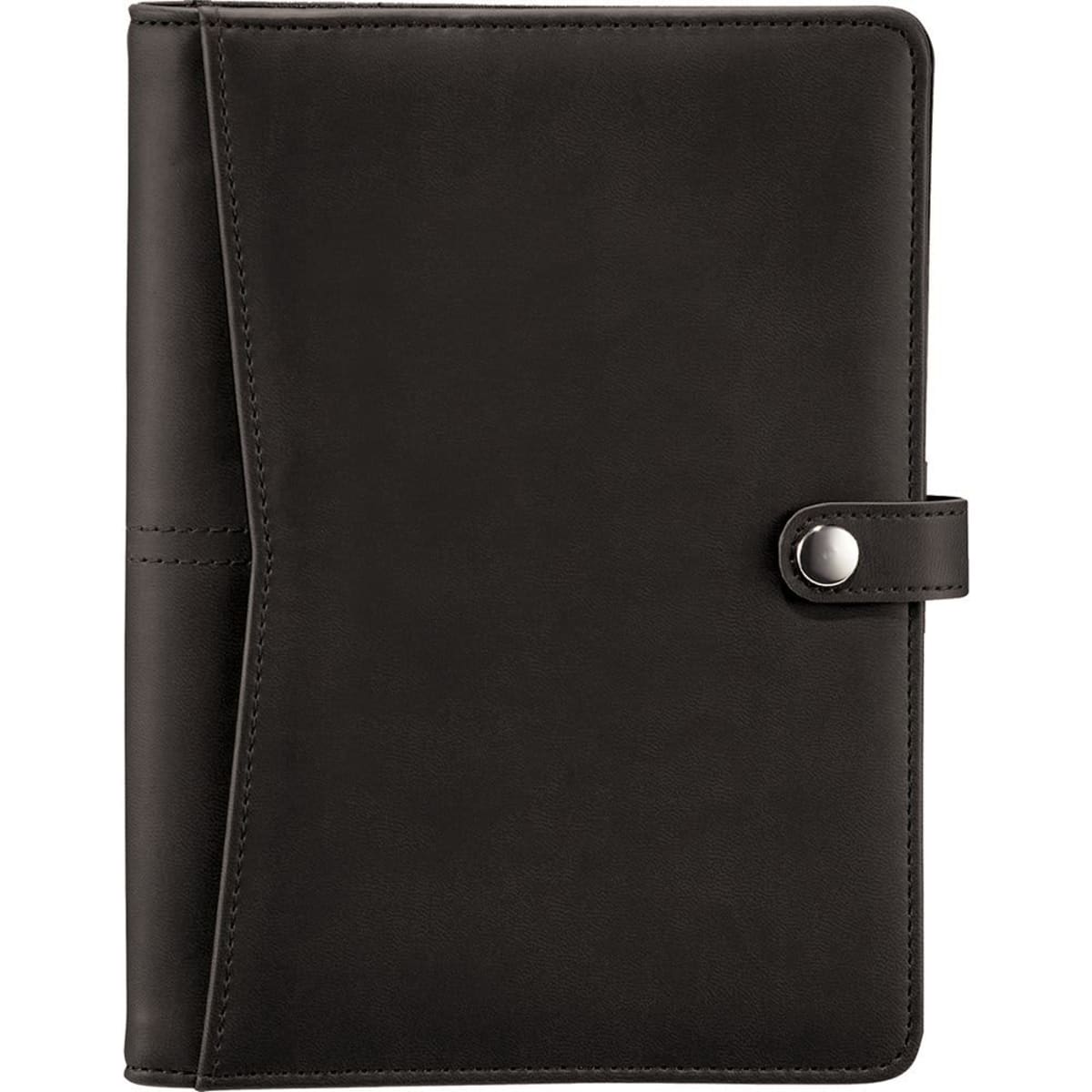 A closed black leather journal with a sleek design and a button clasp. The cover has a smooth texture with a vertical flap overlapping the front, adding a touch of sophistication.