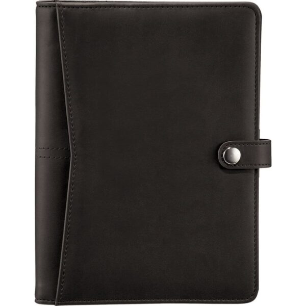 A closed, black leather-bound notebook with a flap closure, featuring a snap button for securing. The notebooks design is sleek and minimalist, with smooth edges and a matte finish.
