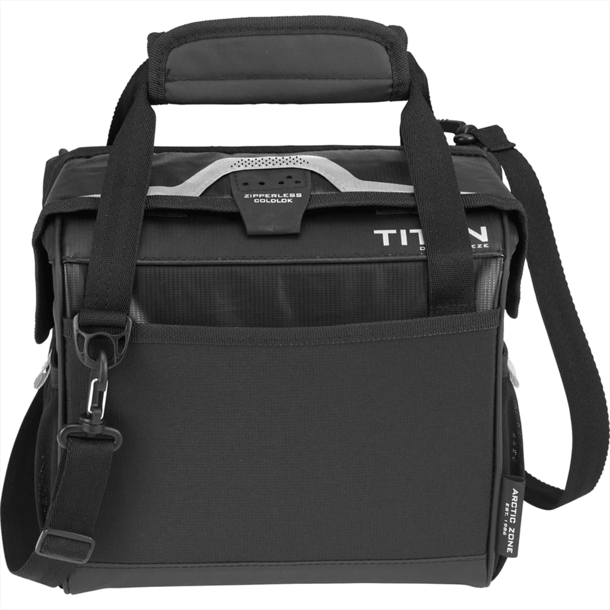 A black Titan cooler bag with a padded handle and an adjustable shoulder strap. It features a front zipper pocket and has a text label TITAN on the top flap. The bag is designed for carrying food and beverages.