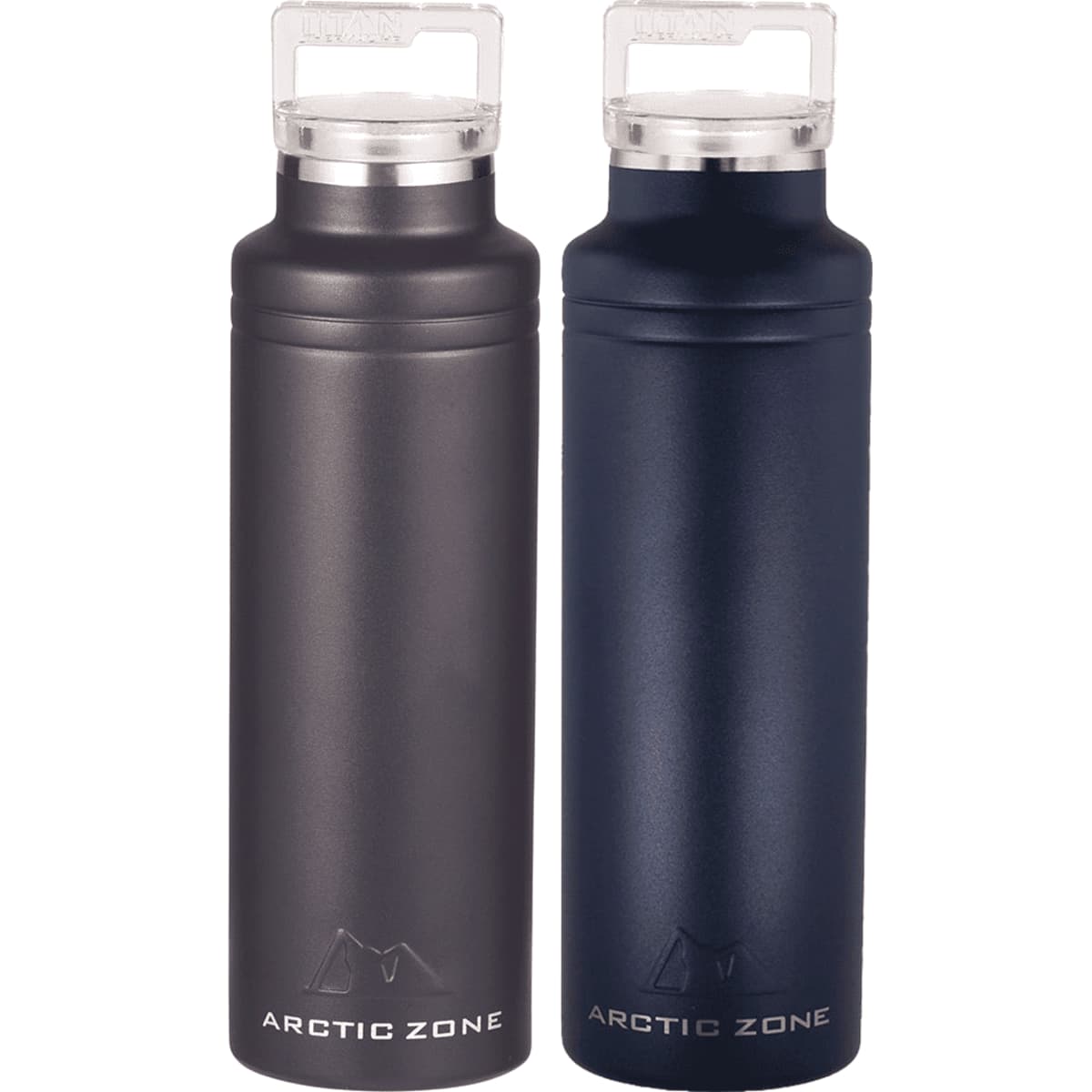 Two insulated water bottles, one black and one dark blue, stand side by side. Both have transparent lids and the Arctic Zone logo near the base.
