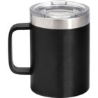 A black insulated travel mug with a clear plastic lid and a sturdy handle. The mug has a silver band at the top and a matte finish.
