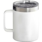 White insulated mug with a handle and a transparent, flat lid. The mug has a stainless steel rim and a matte finish. The lid features a sliding cover for the drinking opening, designed to keep drinks hot or cold.