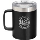 Black insulated mug with a clear lid. The mug features a white logo with trees and a mountain, surrounded by the text Chordata Nature Reservoir. The mug has a sturdy handle and a sleek design.
