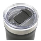 Black stainless steel tumbler with a clear, snap-on lid. The lid features a sliding black closure to prevent spills, and a small opening for drinking. The tumbler has a sleek, modern design with a matte finish.